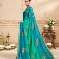 Blue floral embroidered silk blend saree wedding wear