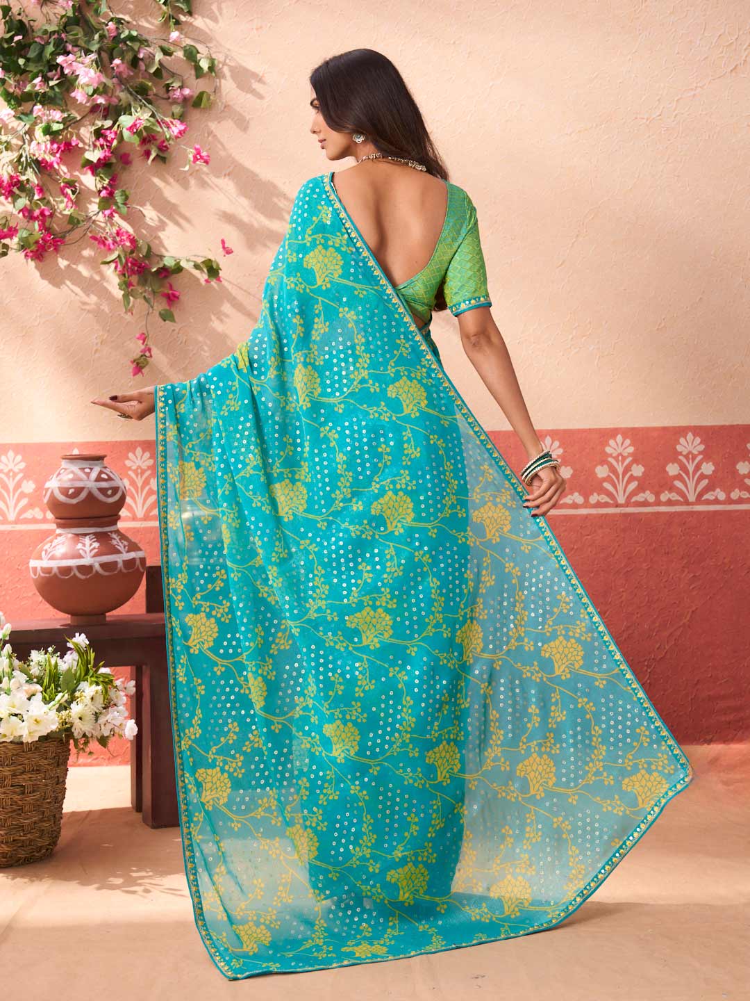 Blue printed silk blend saree party wear