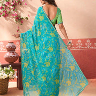 Blue printed silk blend saree party wear
