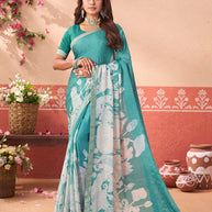 Blue floral printed silk blend saree daily wear
