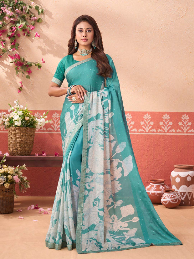 Blue floral printed silk blend saree daily wear