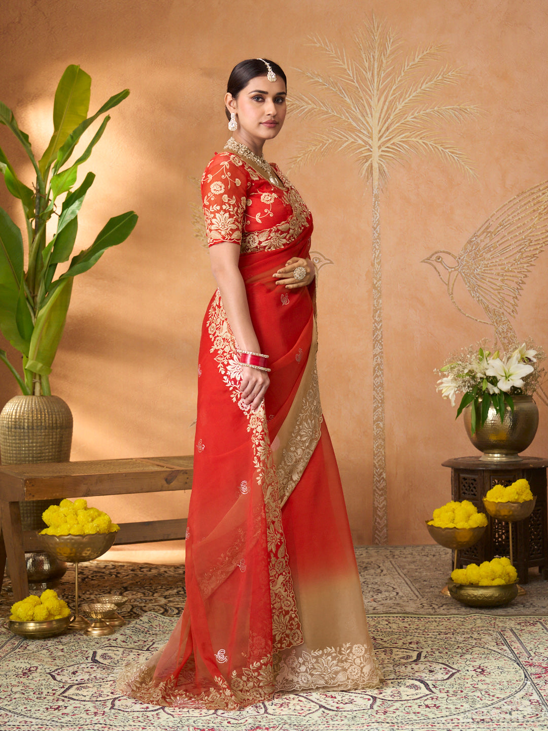 Red floral embroidered tissue organza saree casual wear