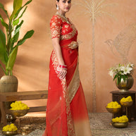 Red floral embroidered tissue organza saree casual wear