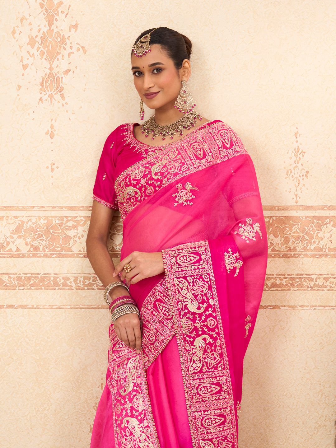 Pink embroidered tissue organza saree casual wear