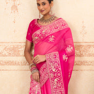 Pink embroidered tissue organza saree casual wear