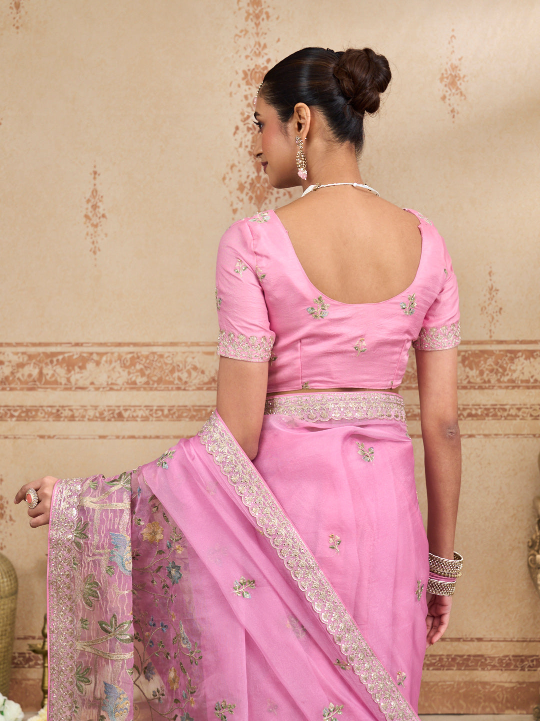 Pink embroidered chiffon saree daily wear