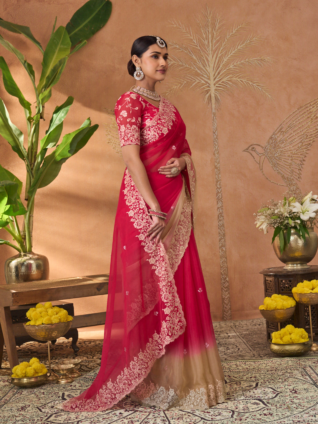 Pink embroidered tissue organza saree daily wear