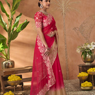 Pink embroidered tissue organza saree daily wear