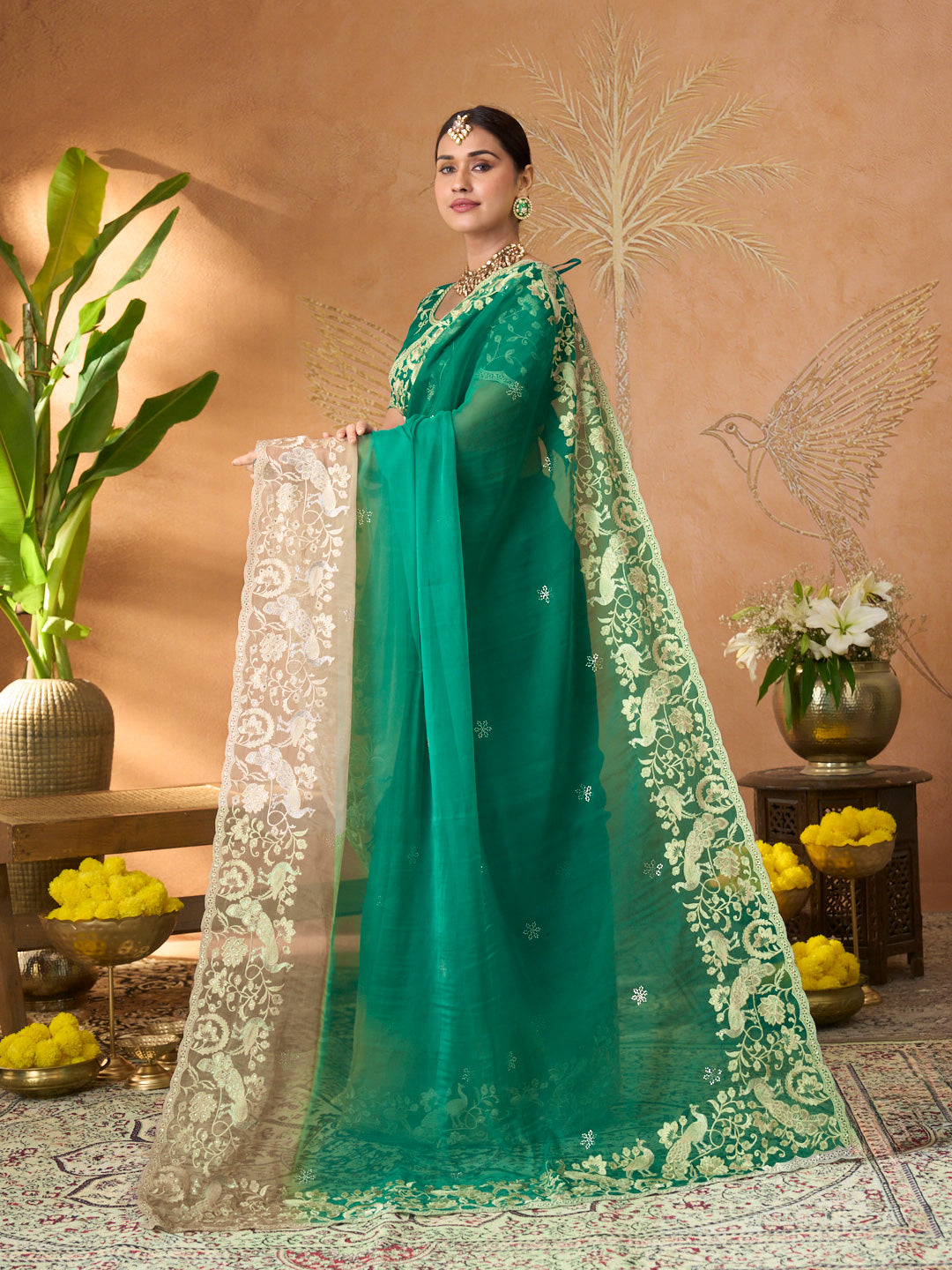 Teal Green floral embroidered tissue organza saree daily wear