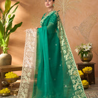 Teal Green floral embroidered tissue organza saree daily wear