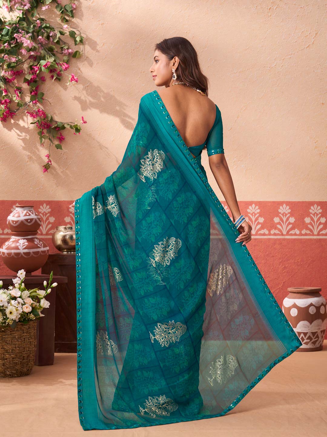 Teal Green floral printed georgette saree party wear