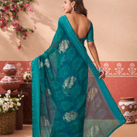 Teal Green floral printed georgette saree party wear