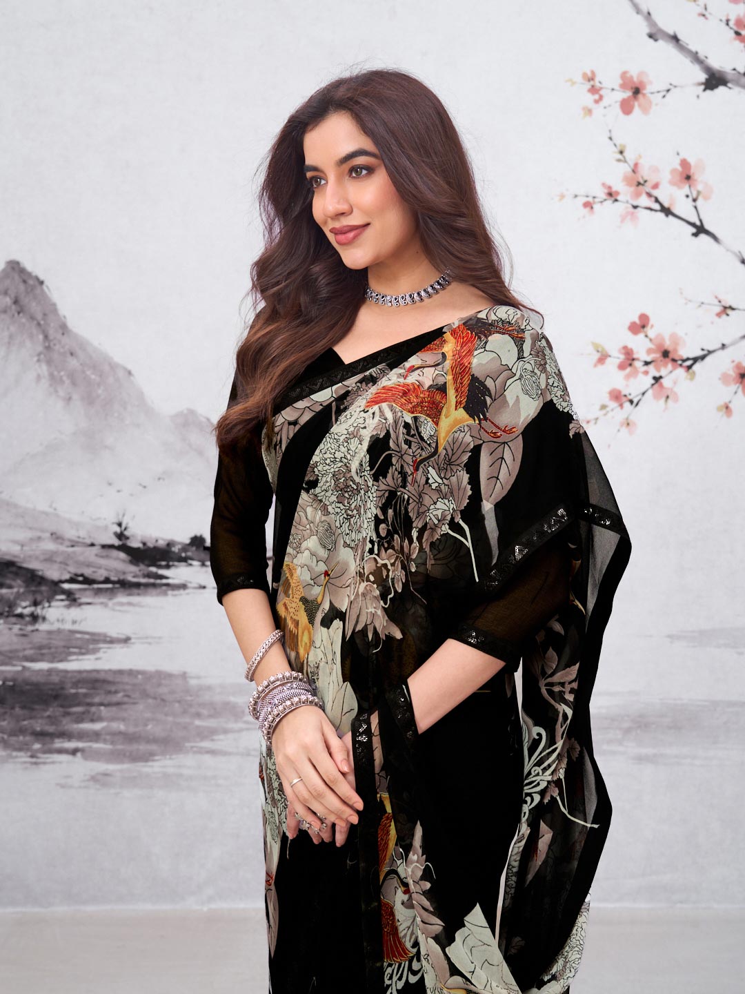 Black floral printed georgette saree wedding wear
