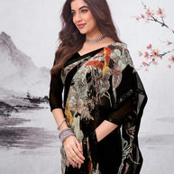 Black floral printed georgette saree wedding wear