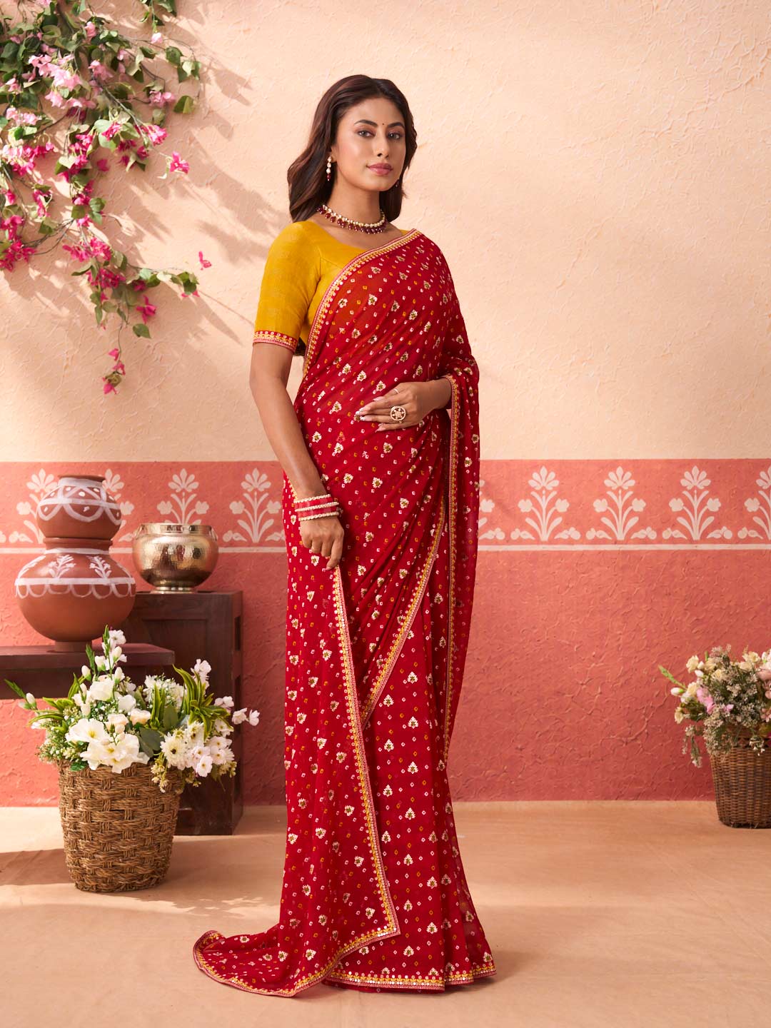 Red bandhani printed georgette saree casual wear