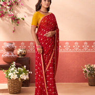 Red bandhani printed georgette saree casual wear
