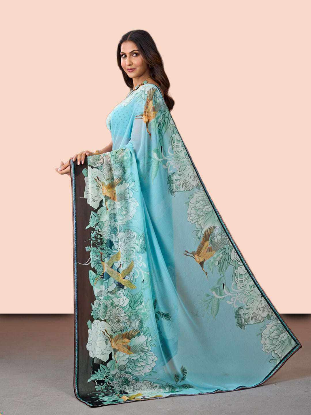 Laxmipati Rudramala Blue Georgette Floral Printed Saree