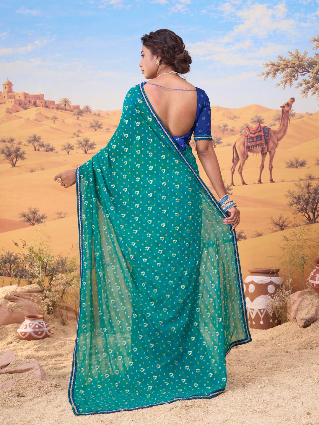 Teal Blue bandhani printed georgette saree party wear