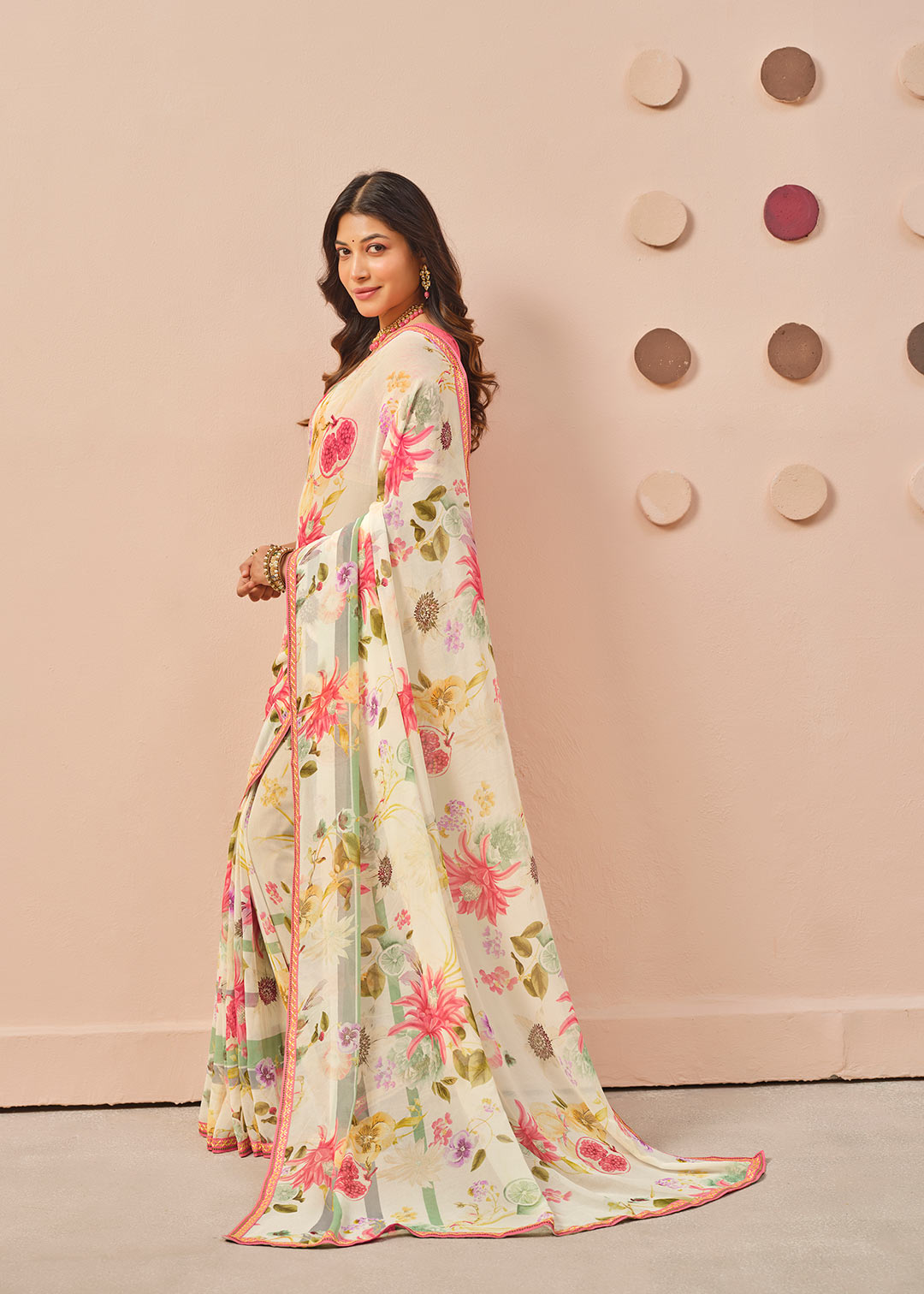 Cream printed georgette saree party wear