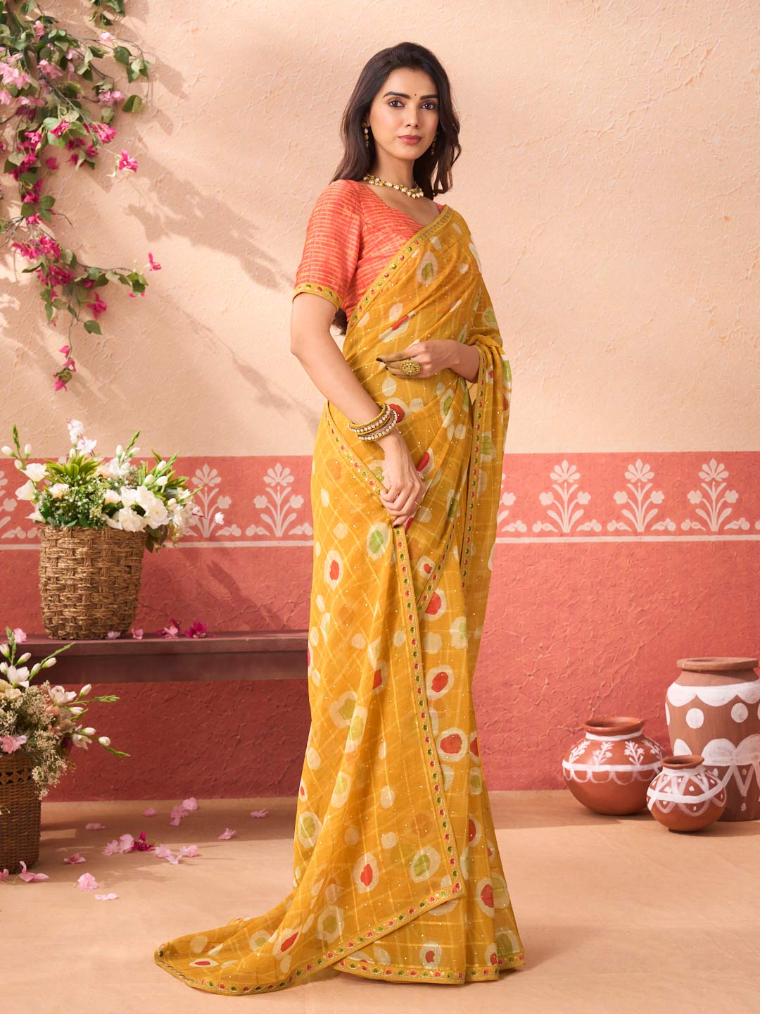Mustard geometric printed chiffon saree casual wear