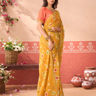 Mustard geometric printed chiffon saree casual wear