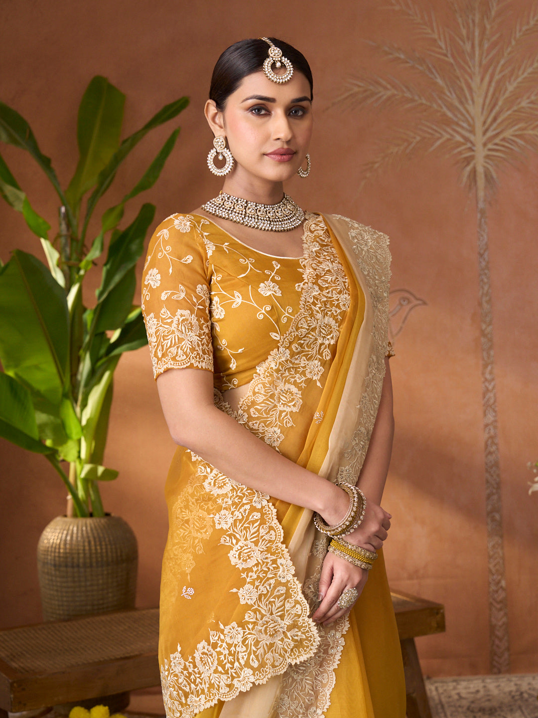 Mustard floral embroidered tissue organza saree daily wear