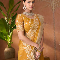 Mustard floral embroidered tissue organza saree daily wear