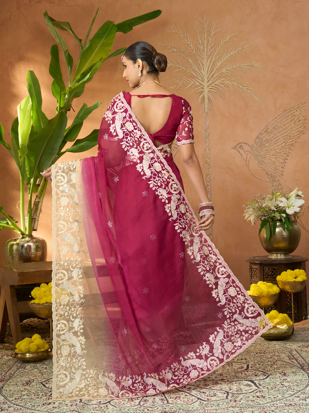 purple embroidered tissue organza saree festive wear