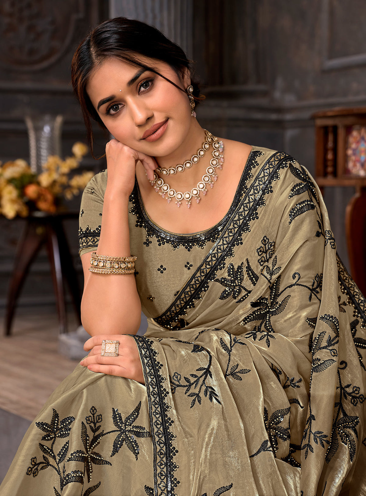 Brown embroidered tissue organza saree party wear