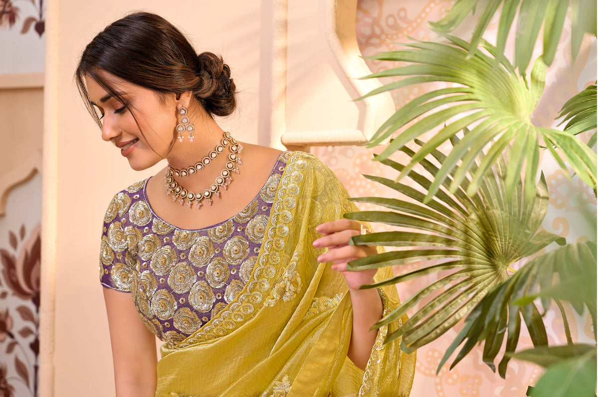 Yellow embroidered chiffon saree daily wear