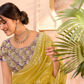Yellow embroidered chiffon saree daily wear