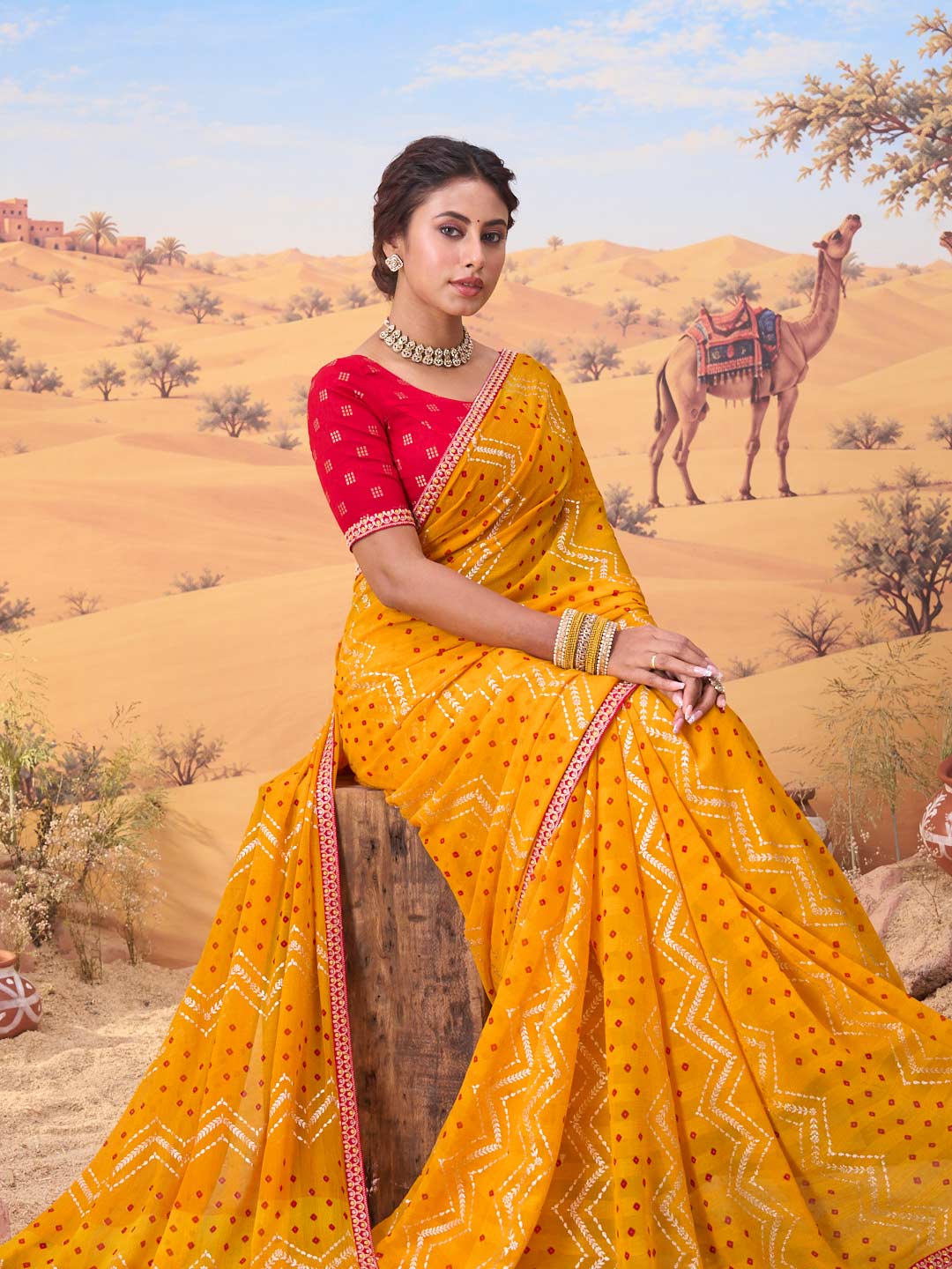 Orange bandhani printed georgette saree wedding wear
