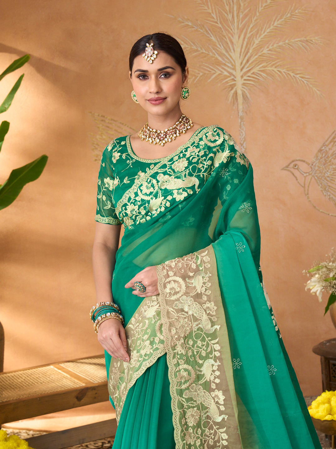 Teal Green floral embroidered tissue organza saree wedding wear