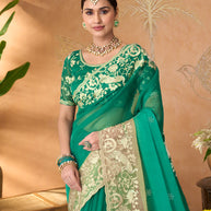 Teal Green floral embroidered tissue organza saree wedding wear