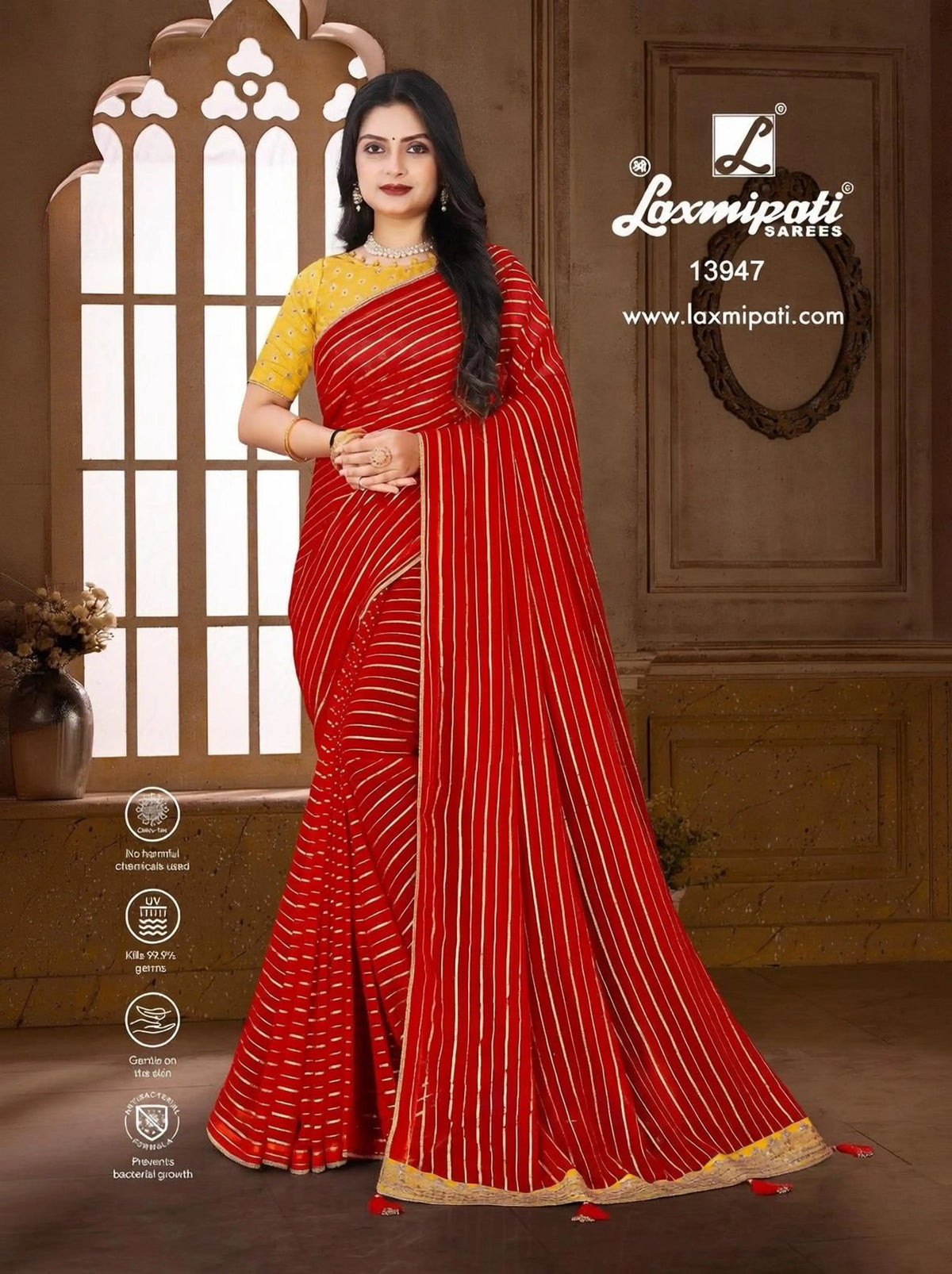 Red printed chiffon saree festive wear