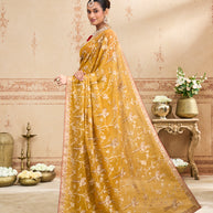 Mustard embroidered tissue organza saree daily wear