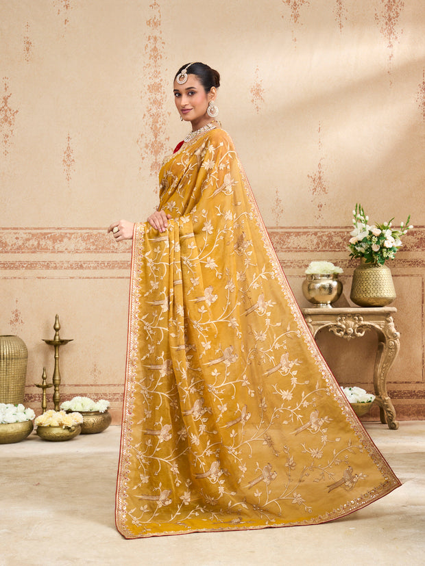 Mustard embroidered tissue organza saree daily wear