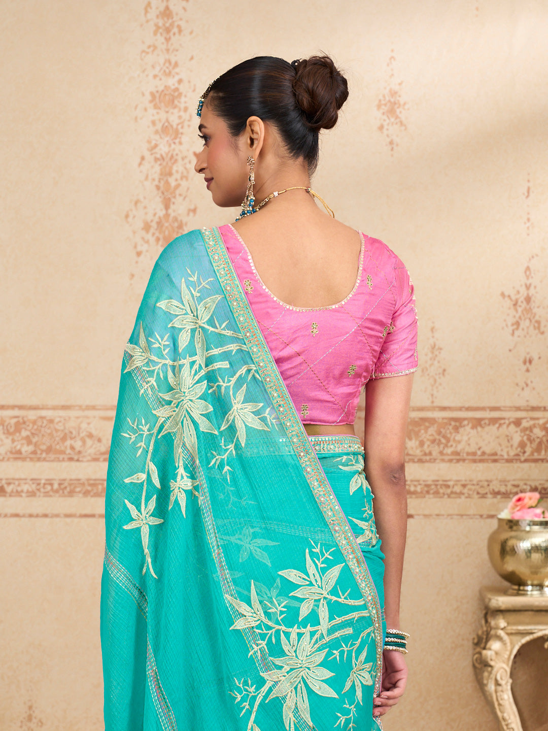 Blue work chiffon saree daily wear