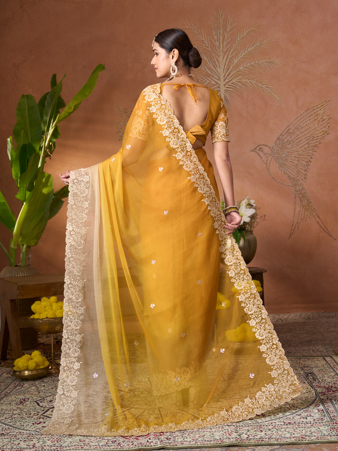 Mustard floral embroidered tissue organza saree party wear