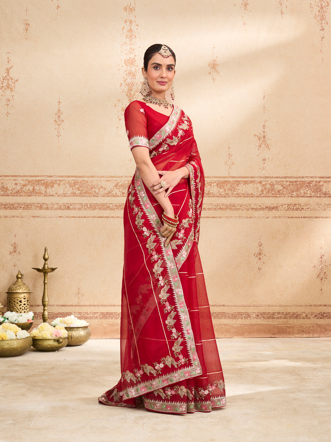 red embroidered tissue organza saree casual wear