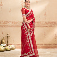 red embroidered tissue organza saree casual wear