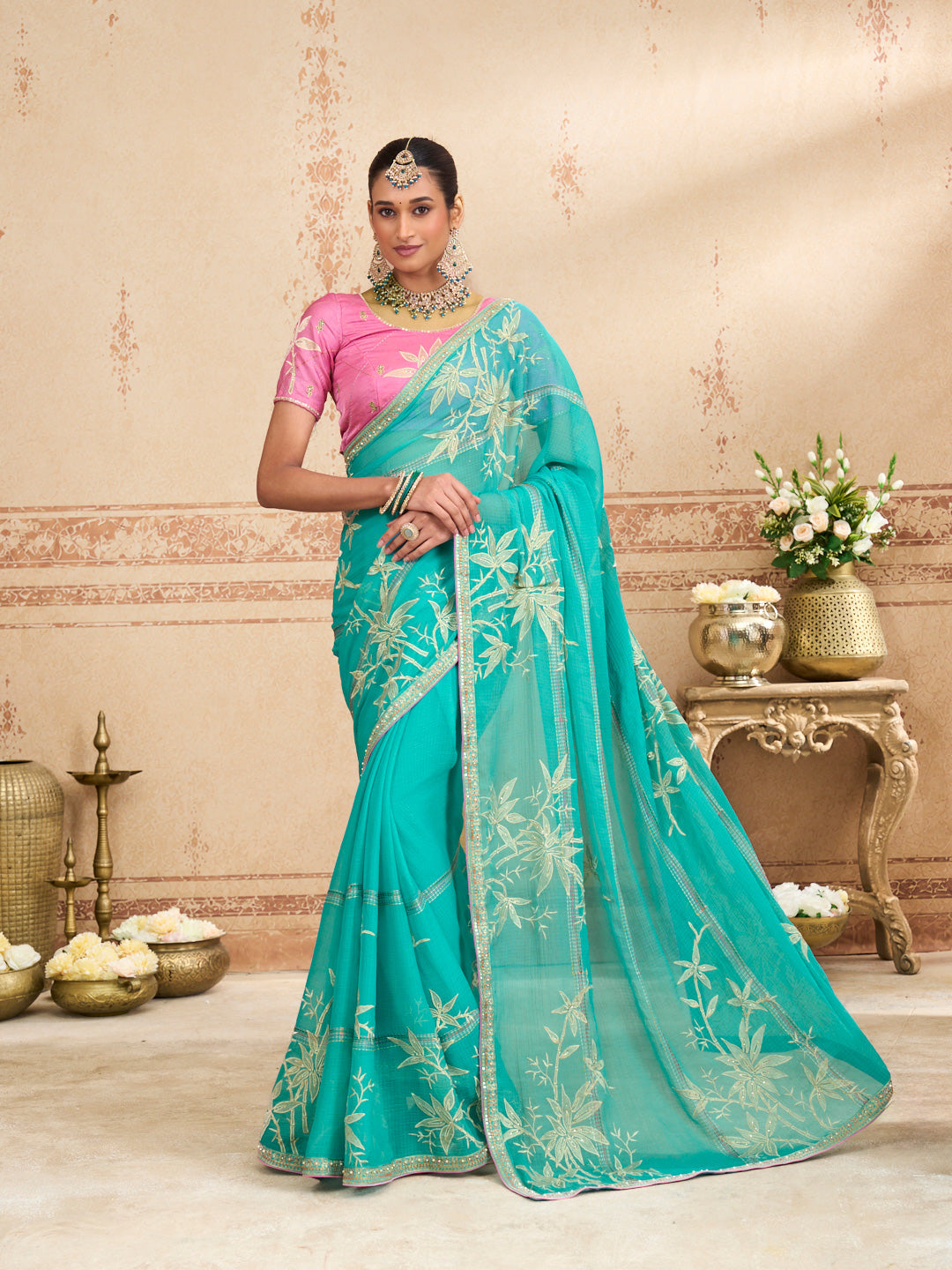 Blue work chiffon saree festive wear