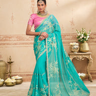 Blue work chiffon saree festive wear