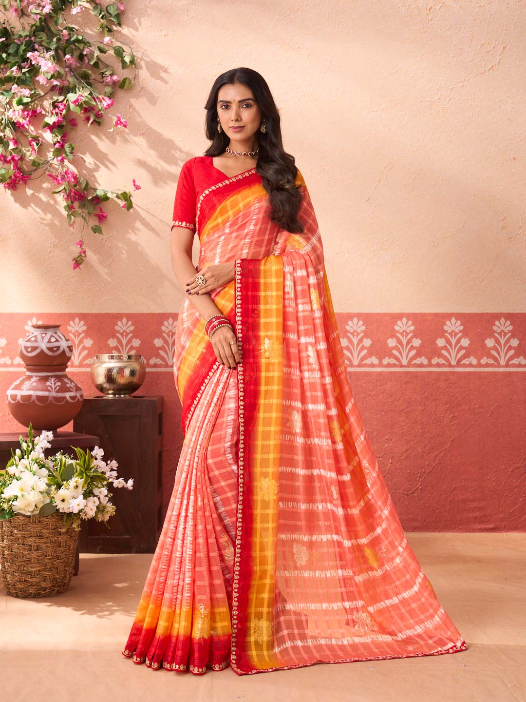Pink floral printed chiffon saree festive wear