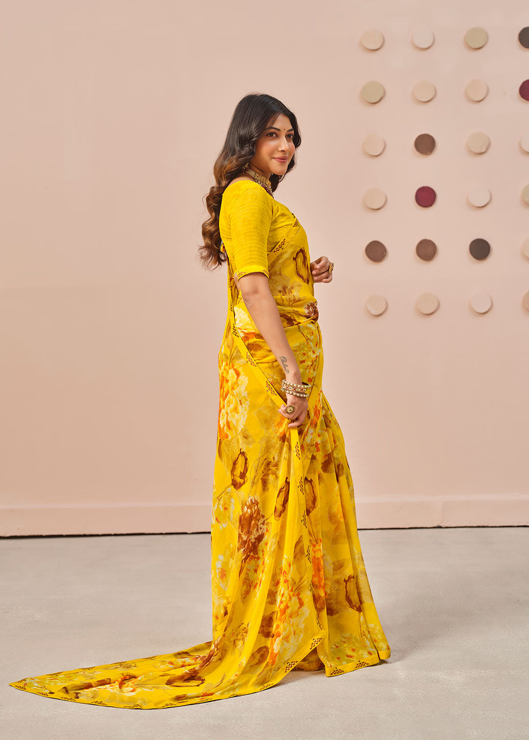 Mustard floral printed georgette saree festive wear