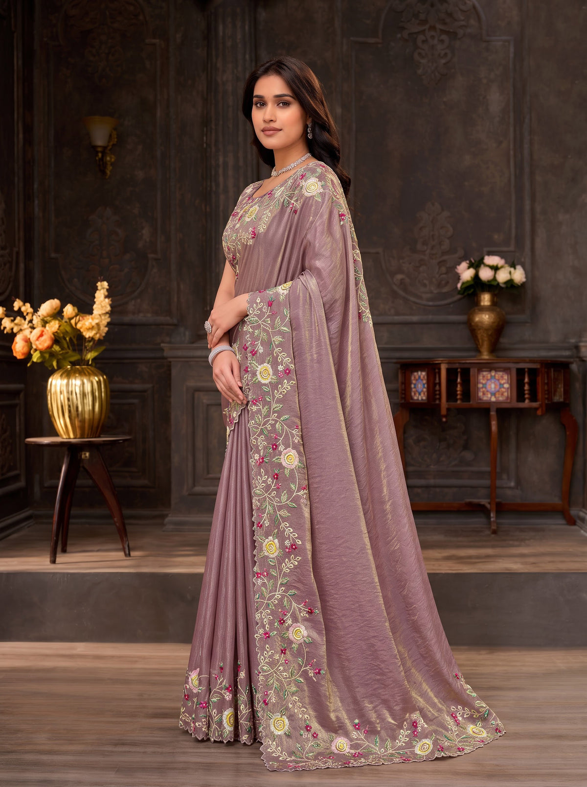 Purple embroidered silk blend saree wedding wear