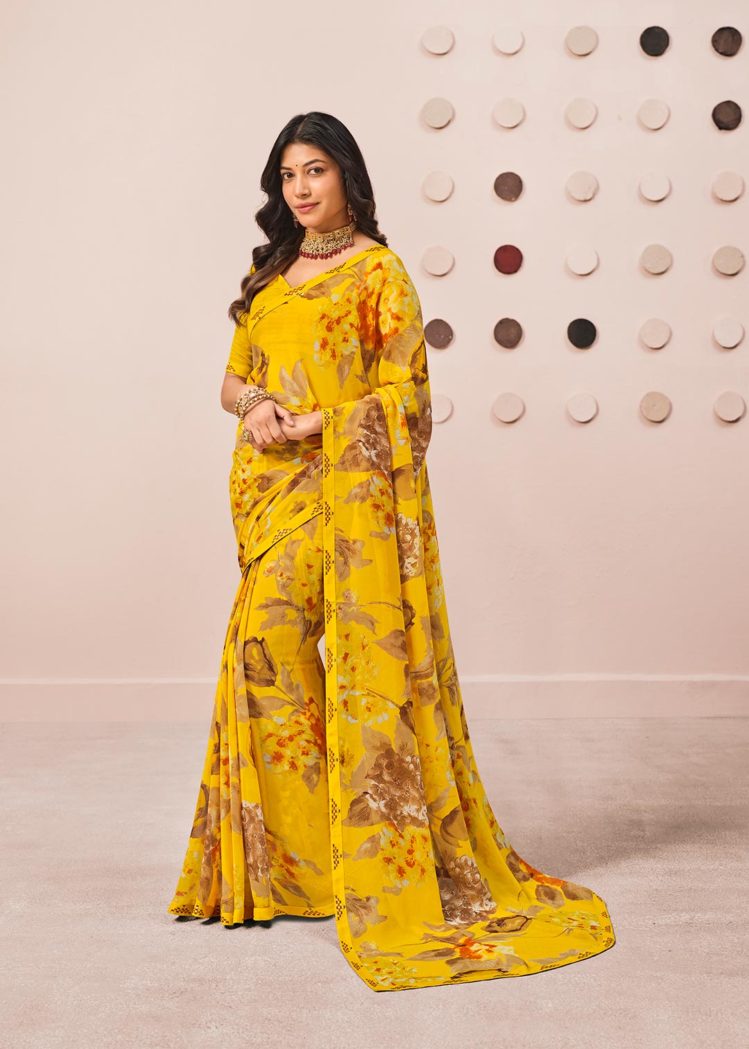 Mustard floral printed georgette saree daily wear