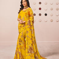 Mustard floral printed georgette saree daily wear