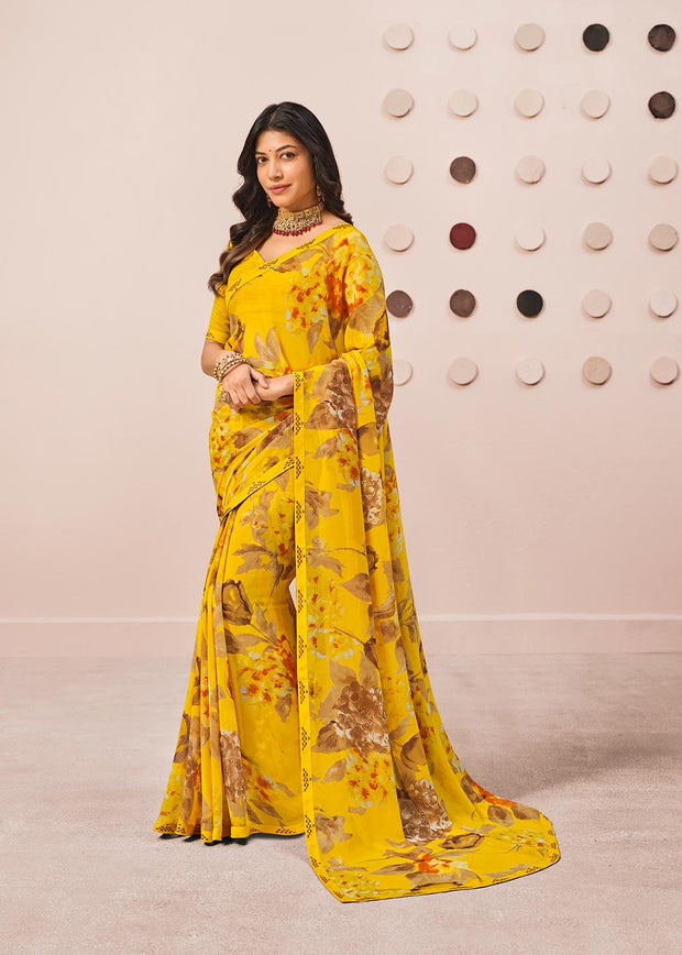 Mustard floral printed georgette saree daily wear