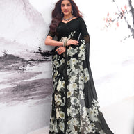 Black floral printed georgette saree party wear